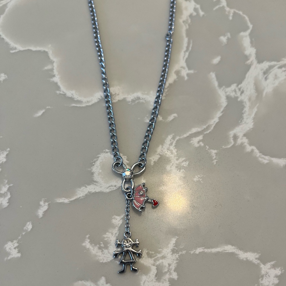 Stainless Steel Little Girl, Umbrella and Rhinestone Necklace